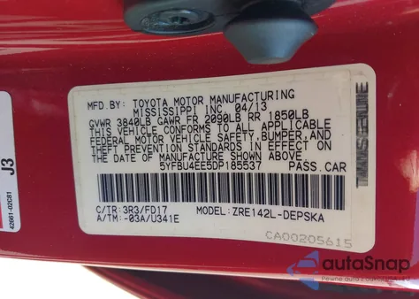 2013 Toyota Corolla S from USA, damaged, VIN 5YFBU4EE5DP185537